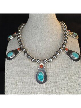 Sterling Silver Coral & Turquoise Teardrop Station Necklace Hook Clasp 15.75"